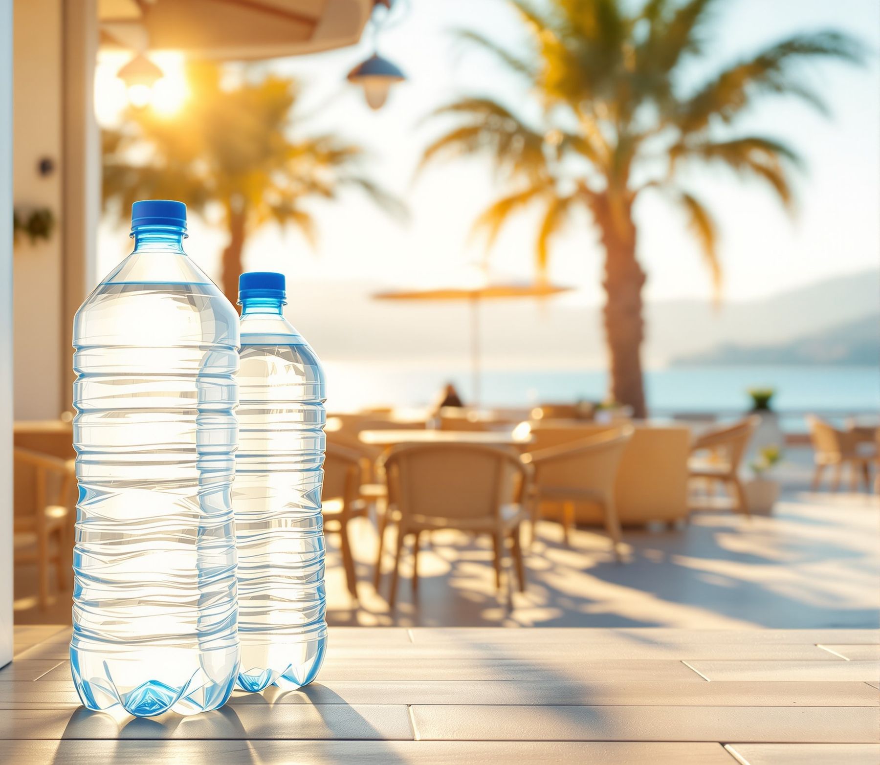 Fethiye sahilinde bir kafe terasında pet su şişeleri
